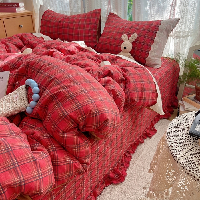 轻奢坊 2025新款125g高克重皱皱撒欢复古格子蕾丝花边四件套 复古酒红