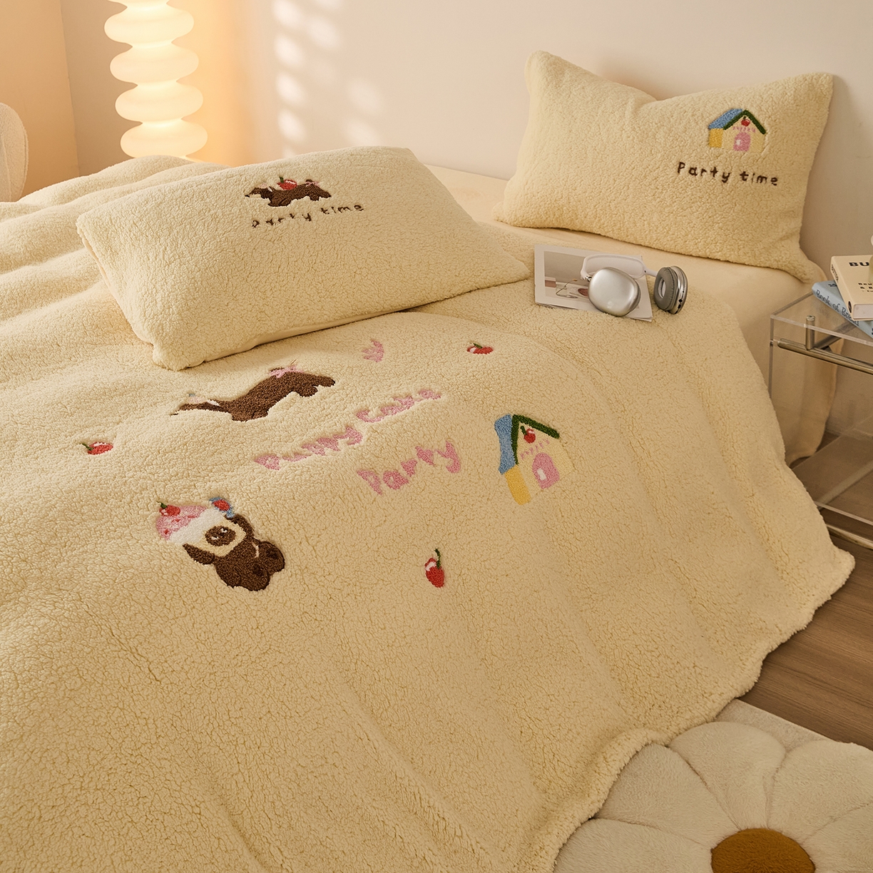 91家纺网 家纺一手货源 找家纺 曼町家居 2025新款羊羔绒牛奶绒毛巾绣四件套 腊肠狗·芝士黄