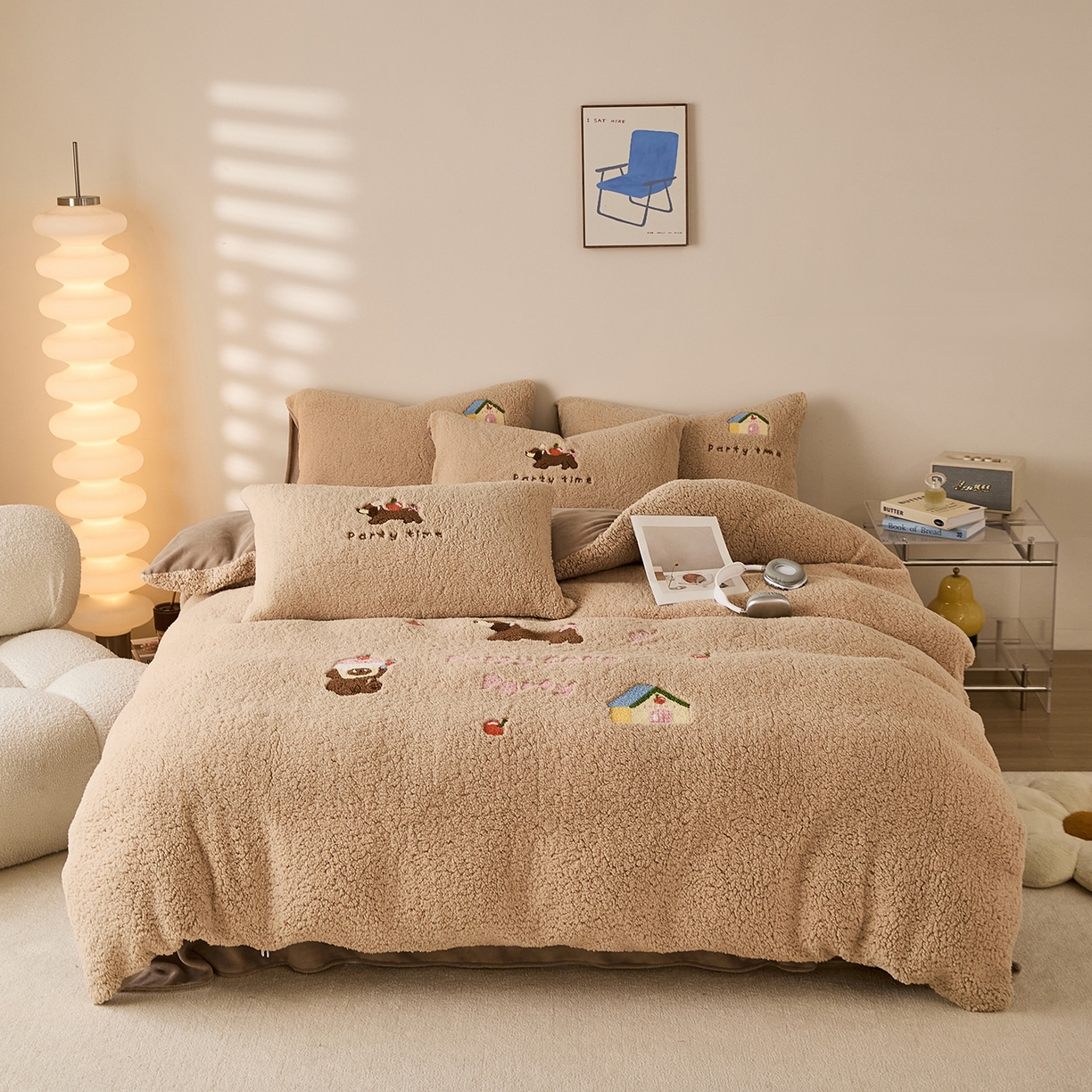 曼町家居 2025新款羊羔绒牛奶绒毛巾绣四件套 腊肠狗·咖