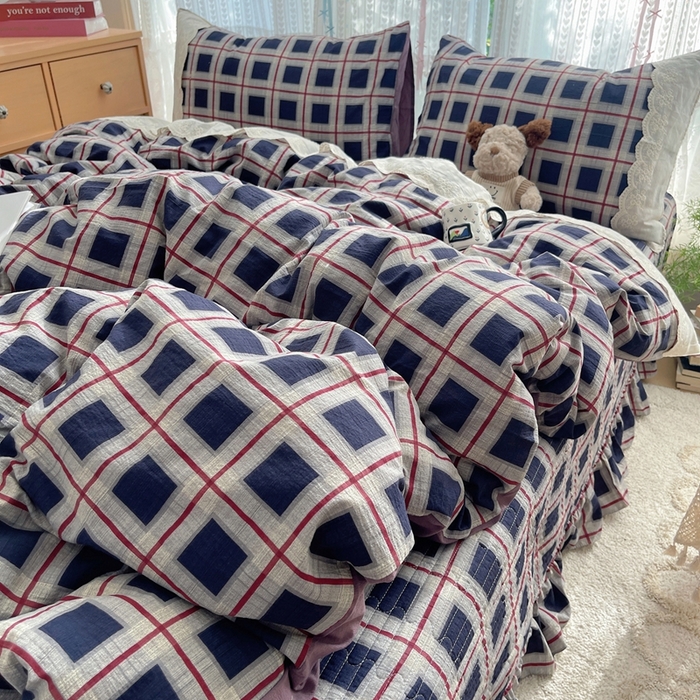 轻奢坊 2025新款125g高克重皱皱撒欢复古格子蕾丝花边四件套 复古炭黑