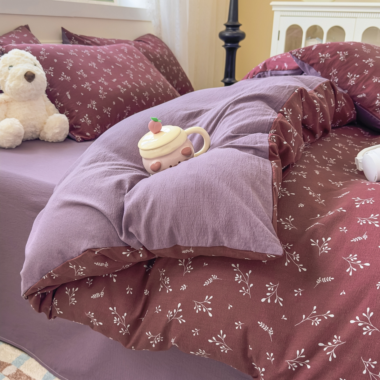 91家纺网 家纺一手货源 找家纺 亨通家纺 2025新款复古原麻双层纱臻至系列四件套 绯色花蔓