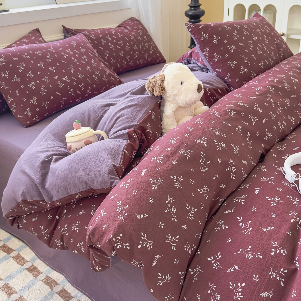 91家纺网 家纺一手货源 找家纺 亨通家纺 2025新款复古原麻双层纱臻至系列四件套 绯色花蔓