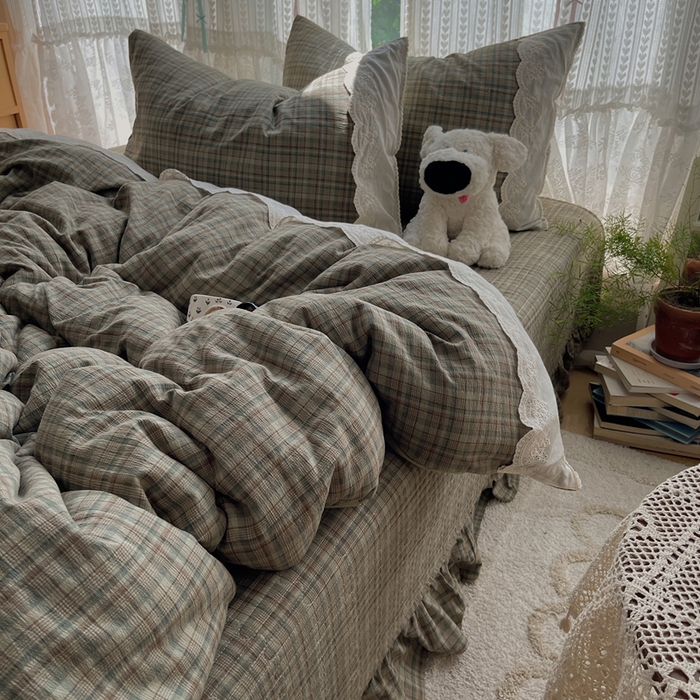 轻奢坊 2025新款125g高克重皱皱撒欢复古格子蕾丝花边四件套 橄榄绿格