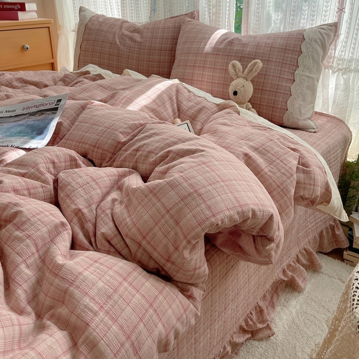 轻奢坊 2025新款125g高克重皱皱撒欢复古格子蕾丝花边四件套 古典粉格