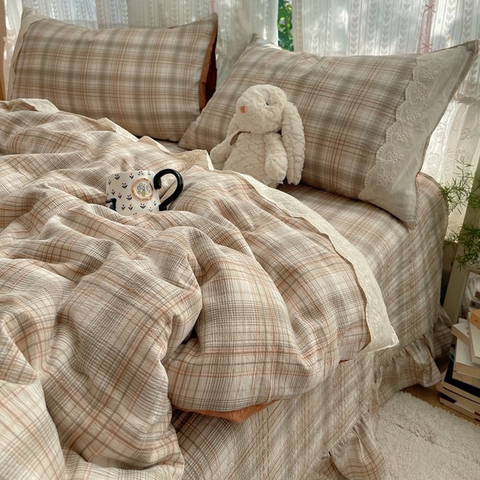 轻奢坊 2025新款125g高克重皱皱撒欢复古格子蕾丝花边四件套 怀旧棕咖