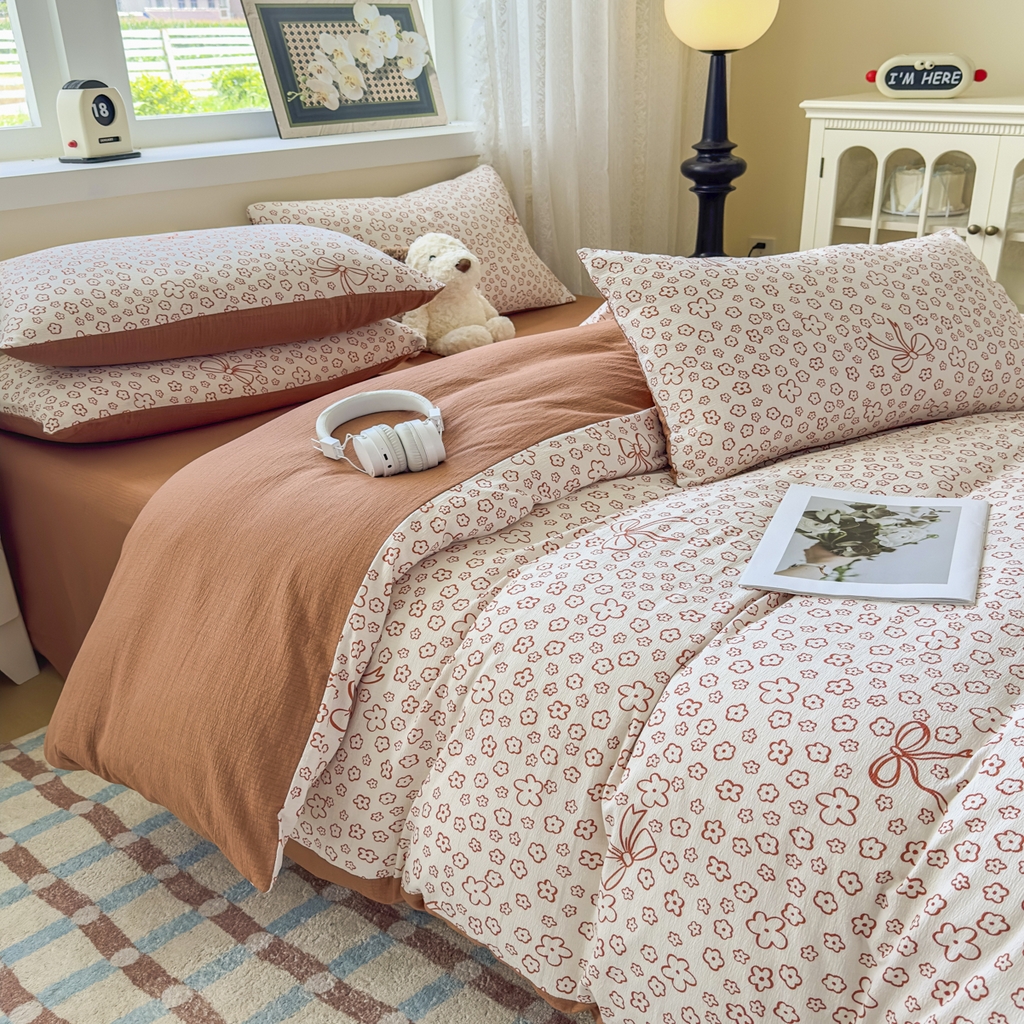 91家纺网 家纺一手货源 找家纺 亨通家纺 2025新款复古原麻双层纱臻至系列四件套 蝴蝶结花-橘