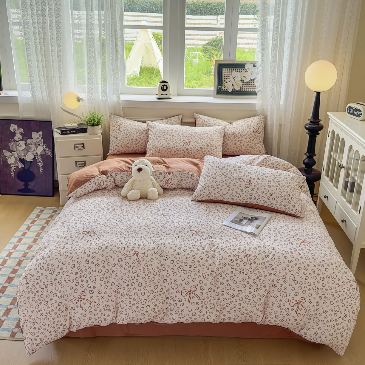 91家纺网 家纺一手货源 找家纺 亨通家纺 2025新款复古原麻双层纱臻至系列四件套 蝴蝶结花-橘