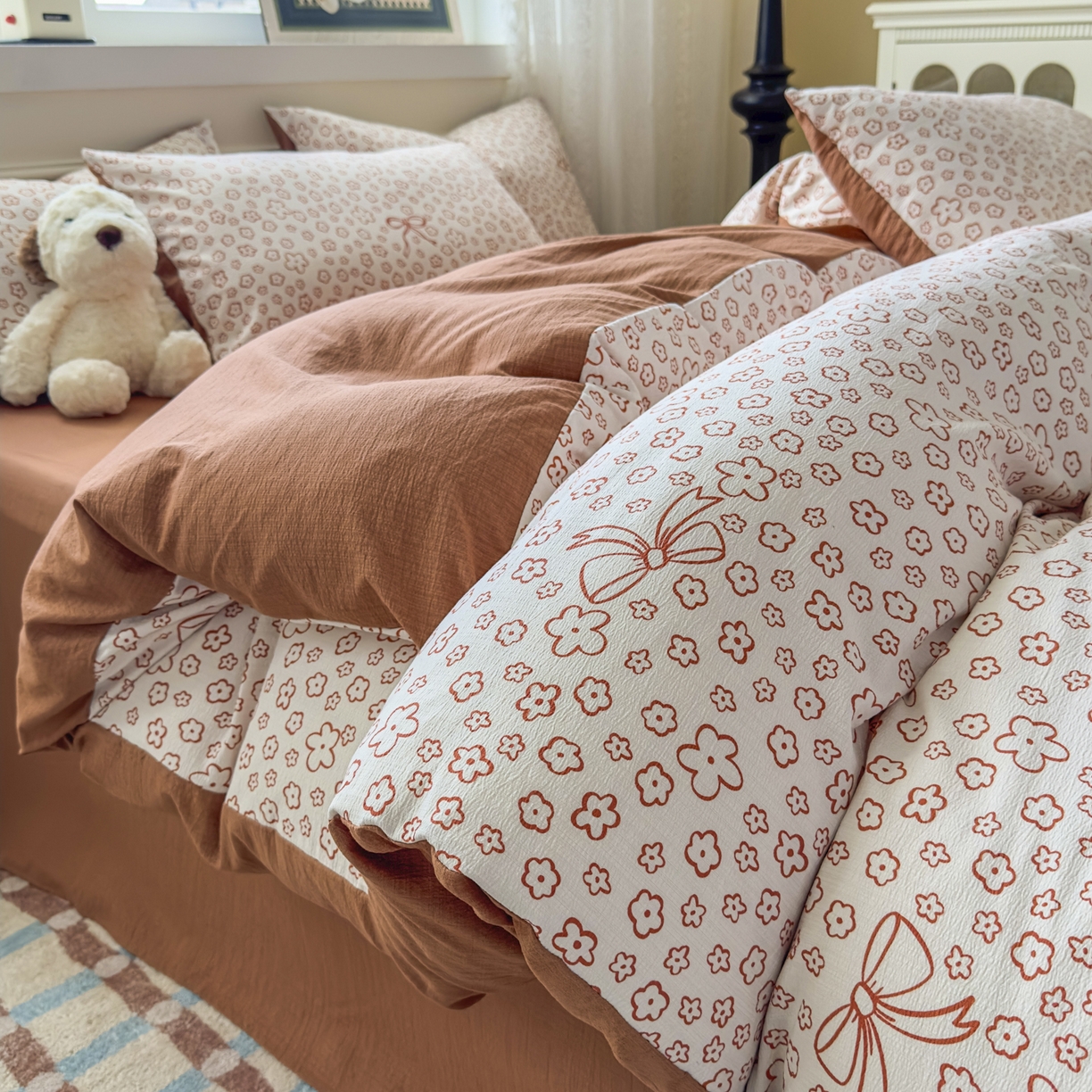 91家纺网 家纺一手货源 找家纺 亨通家纺 2025新款复古原麻双层纱臻至系列四件套 蝴蝶结花-橘