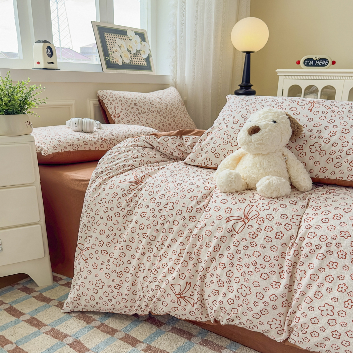 91家纺网 家纺一手货源 找家纺 亨通家纺 2025新款复古原麻双层纱臻至系列四件套 蝴蝶结花-橘