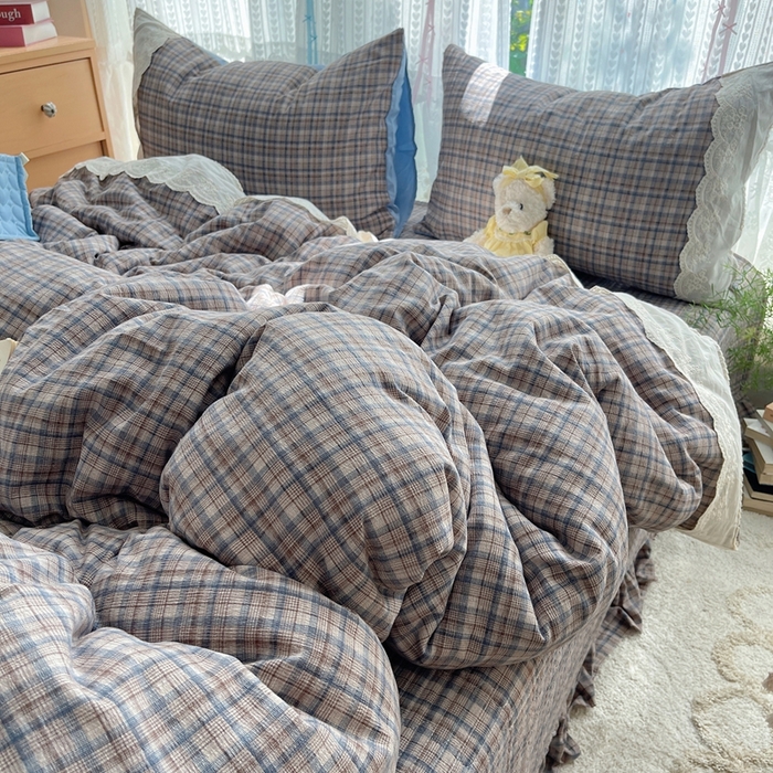 轻奢坊 2025新款125g高克重皱皱撒欢复古格子蕾丝花边四件套 咖啡方格