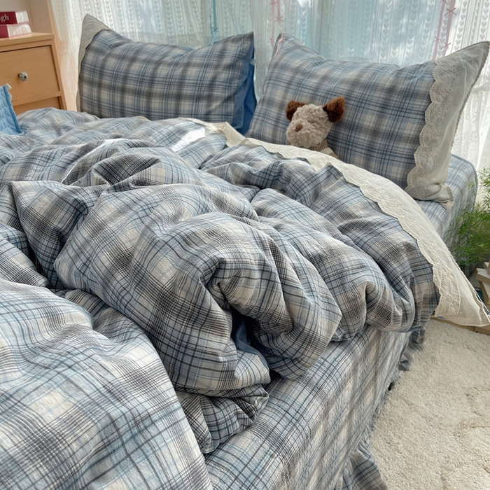 轻奢坊 2025新款125g高克重皱皱撒欢复古格子蕾丝花边四件套 苏格兰格