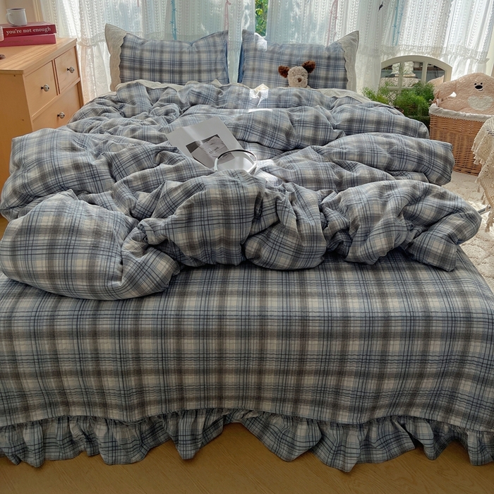 91家纺网 家纺一手货源 找家纺 轻奢坊 2025新款125g高克重皱皱撒欢复古格子蕾丝花边四件套 苏格兰格