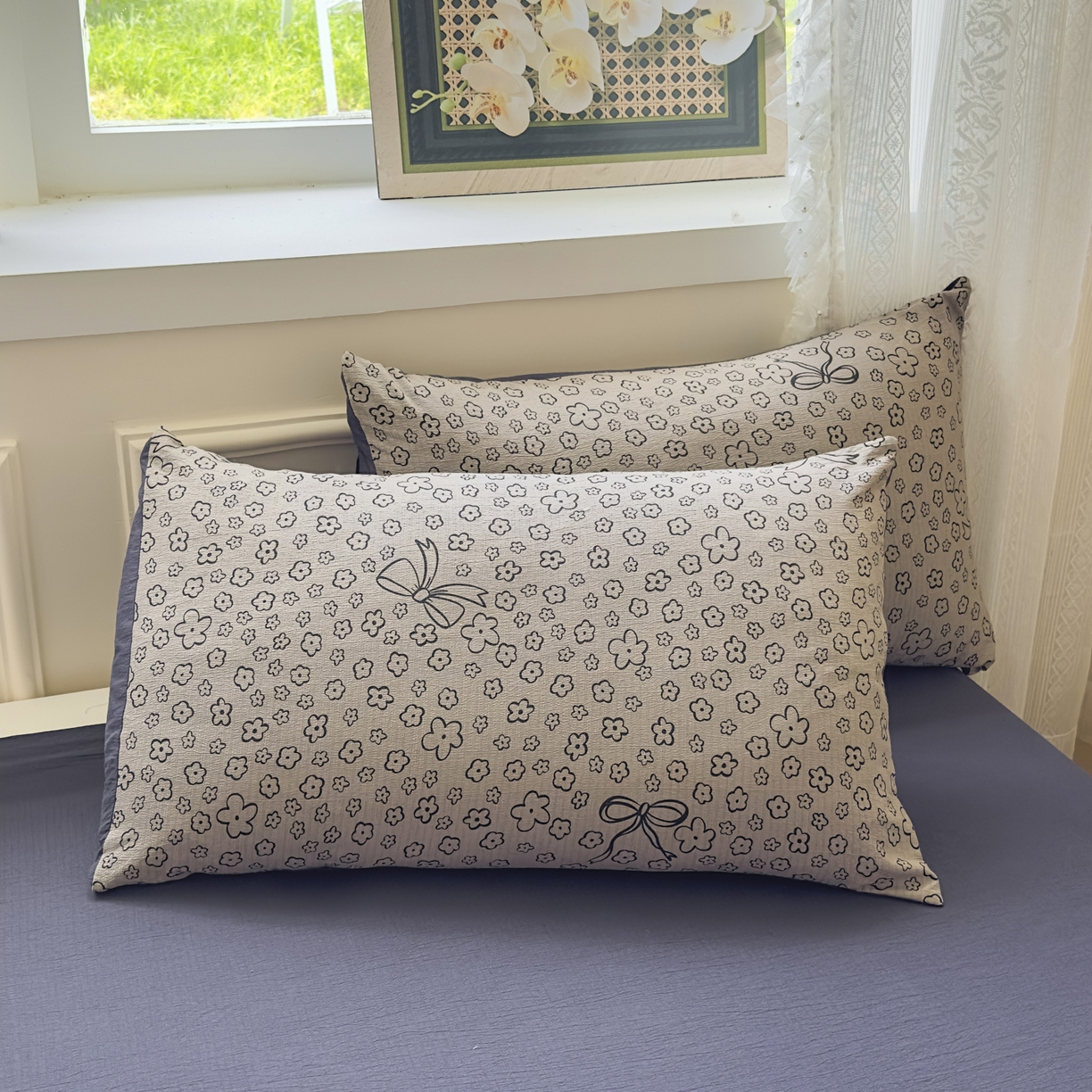 91家纺网 家纺一手货源 找家纺 亨通家纺 2025新款复古原麻双层纱臻至系列四件套 蝴蝶结花-蓝