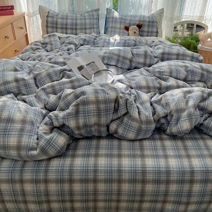 91家纺网 家纺一手货源 找家纺 轻奢坊 2025新款125g高克重皱皱撒欢复古格子蕾丝花边四件套 苏格兰格