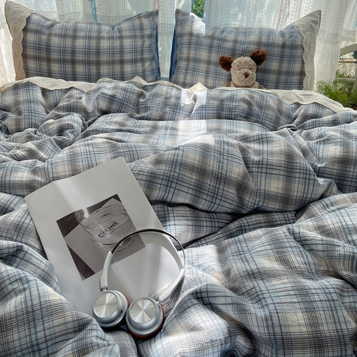 91家纺网 家纺一手货源 找家纺 轻奢坊 2025新款125g高克重皱皱撒欢复古格子蕾丝花边四件套 苏格兰格