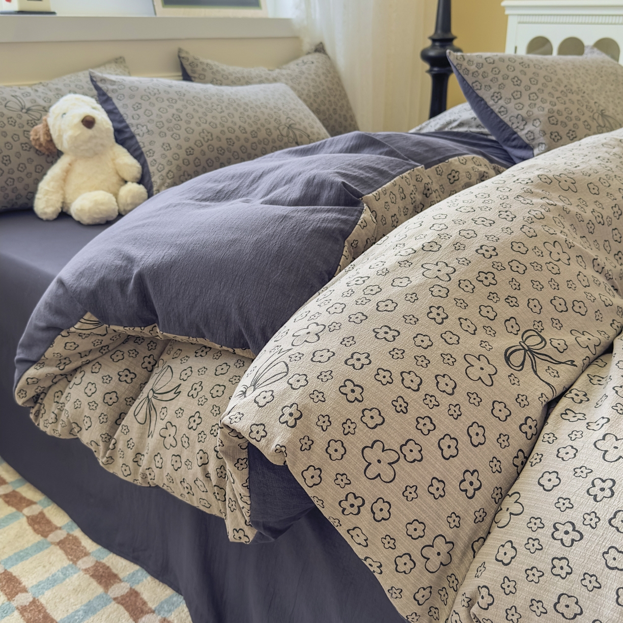 91家纺网 家纺一手货源 找家纺 亨通家纺 2025新款复古原麻双层纱臻至系列四件套 蝴蝶结花-蓝