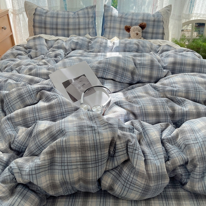 91家纺网 家纺一手货源 找家纺 轻奢坊 2025新款125g高克重皱皱撒欢复古格子蕾丝花边四件套 苏格兰格