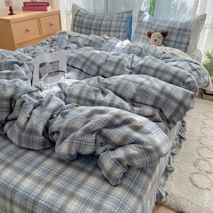 91家纺网 家纺一手货源 找家纺 轻奢坊 2025新款125g高克重皱皱撒欢复古格子蕾丝花边四件套 苏格兰格