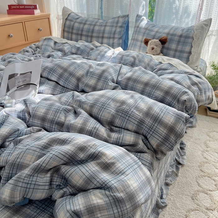 91家纺网 家纺一手货源 找家纺 轻奢坊 2025新款125g高克重皱皱撒欢复古格子蕾丝花边四件套 苏格兰格