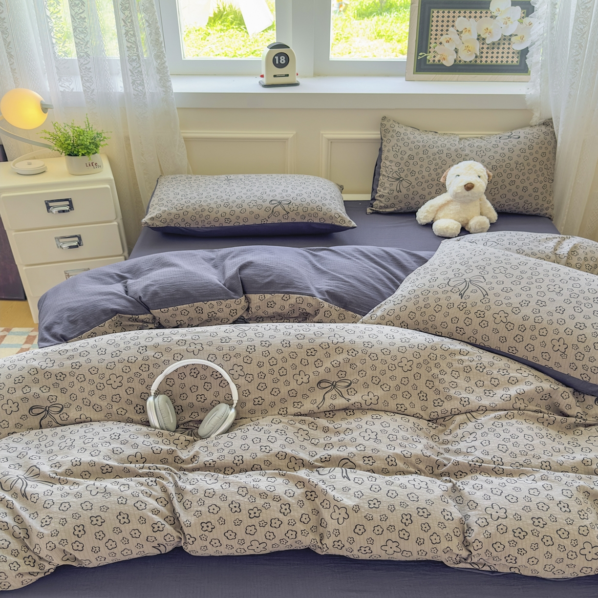 91家纺网 家纺一手货源 找家纺 亨通家纺 2025新款复古原麻双层纱臻至系列四件套 蝴蝶结花-蓝