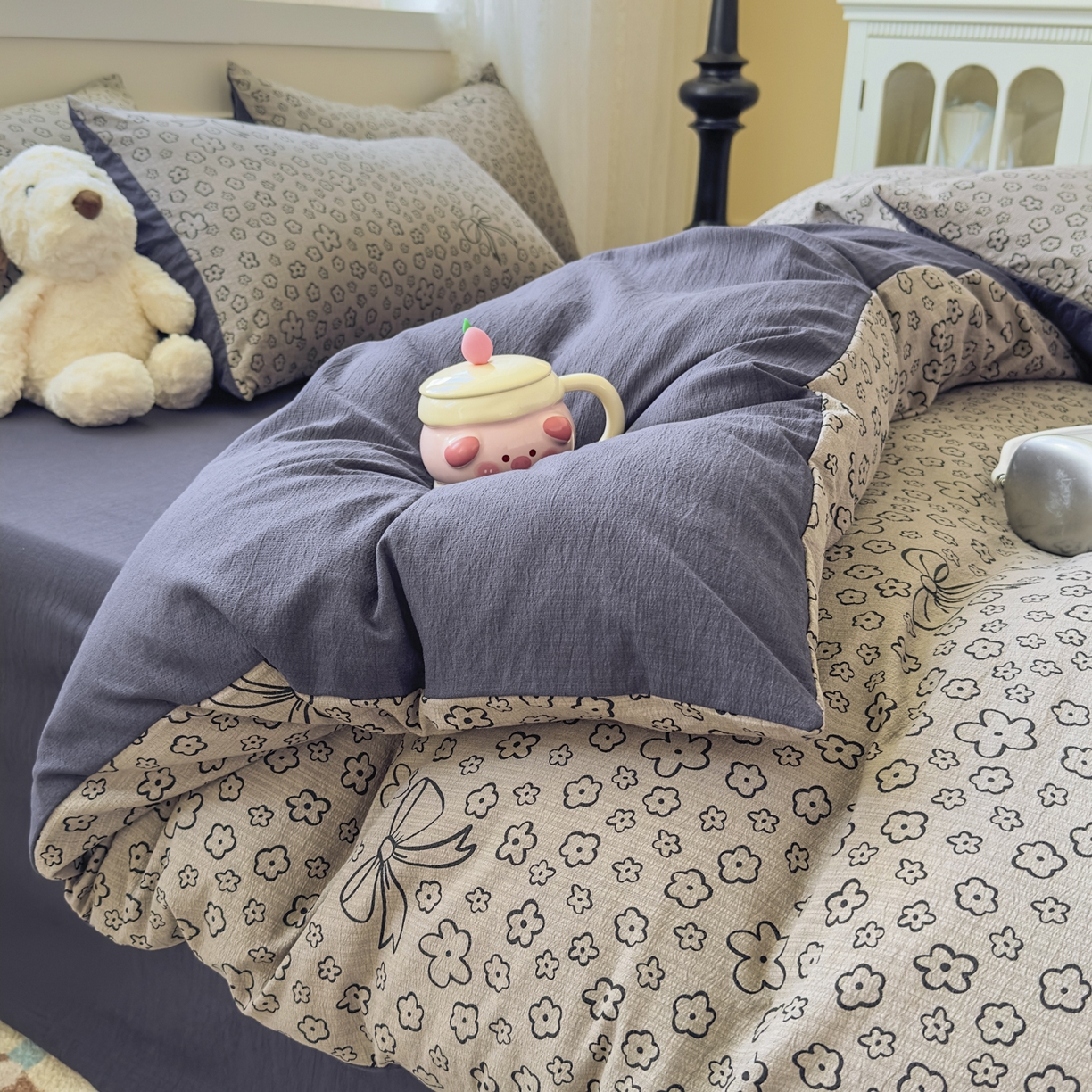 91家纺网 家纺一手货源 找家纺 亨通家纺 2025新款复古原麻双层纱臻至系列四件套 蝴蝶结花-蓝