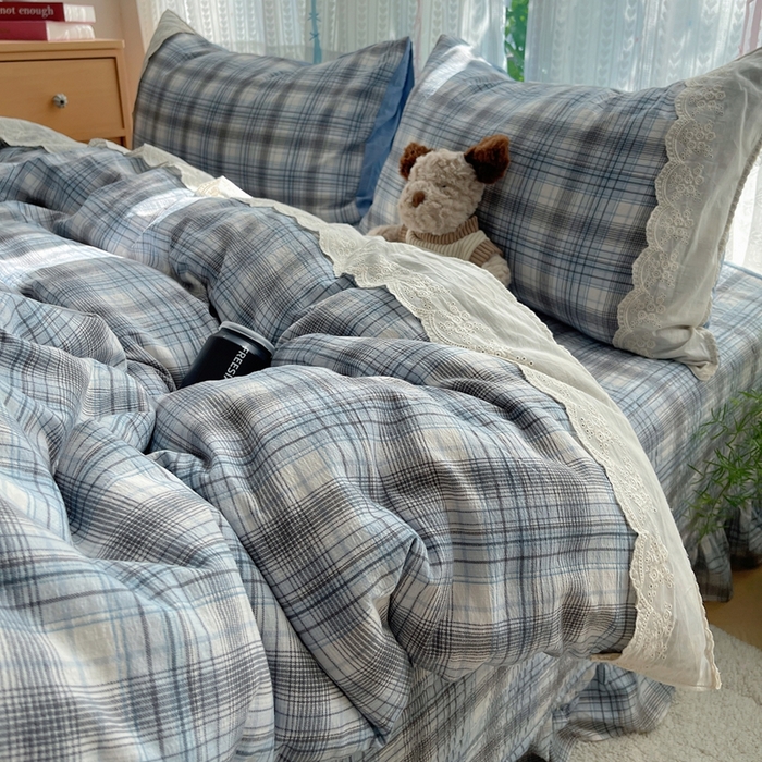 91家纺网 家纺一手货源 找家纺 轻奢坊 2025新款125g高克重皱皱撒欢复古格子蕾丝花边四件套 苏格兰格