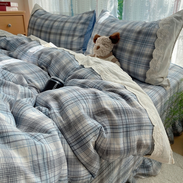 91家纺网 家纺一手货源 找家纺 轻奢坊 2025新款125g高克重皱皱撒欢复古格子蕾丝花边四件套 苏格兰格