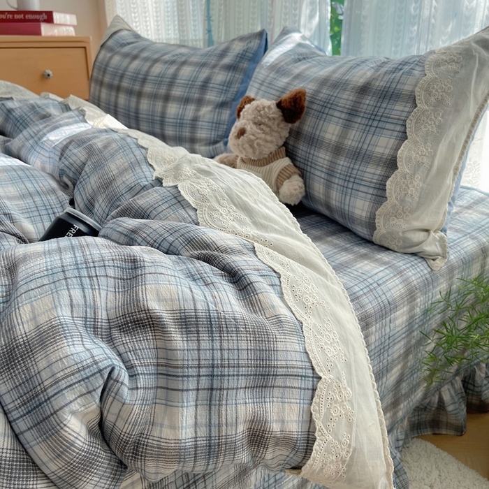 91家纺网 家纺一手货源 找家纺 轻奢坊 2025新款125g高克重皱皱撒欢复古格子蕾丝花边四件套 苏格兰格