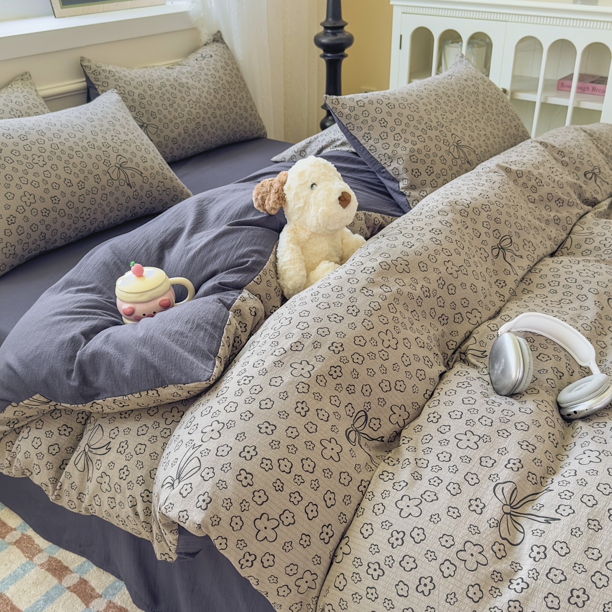 91家纺网 家纺一手货源 找家纺 亨通家纺 2025新款复古原麻双层纱臻至系列四件套 蝴蝶结花-蓝