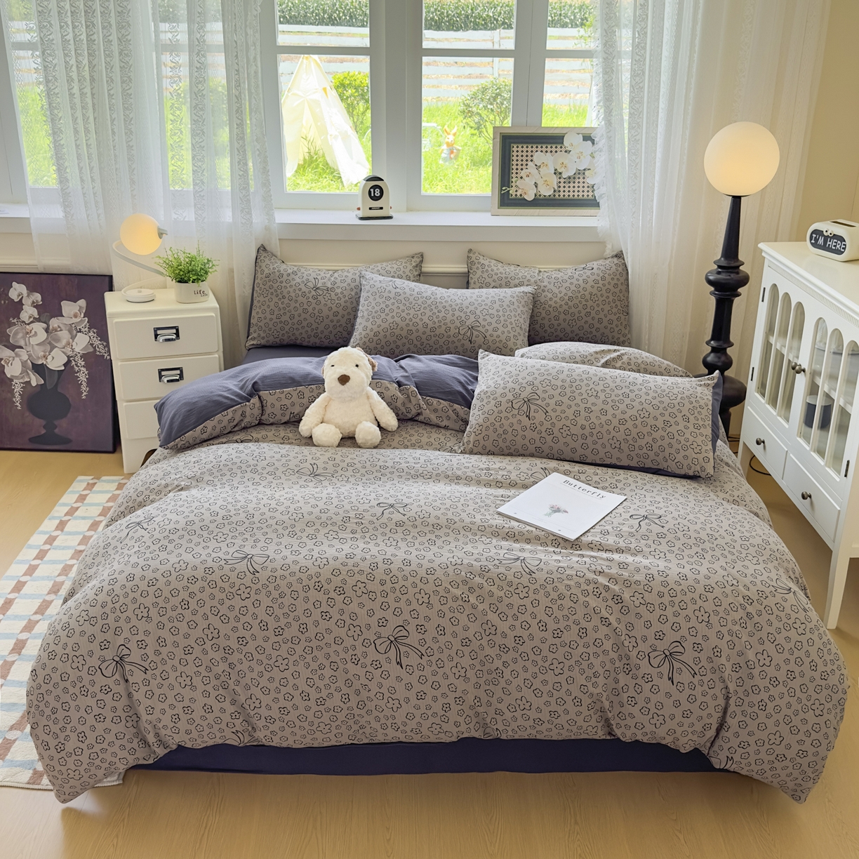 91家纺网 家纺一手货源 找家纺 亨通家纺 2025新款复古原麻双层纱臻至系列四件套 蝴蝶结花-蓝