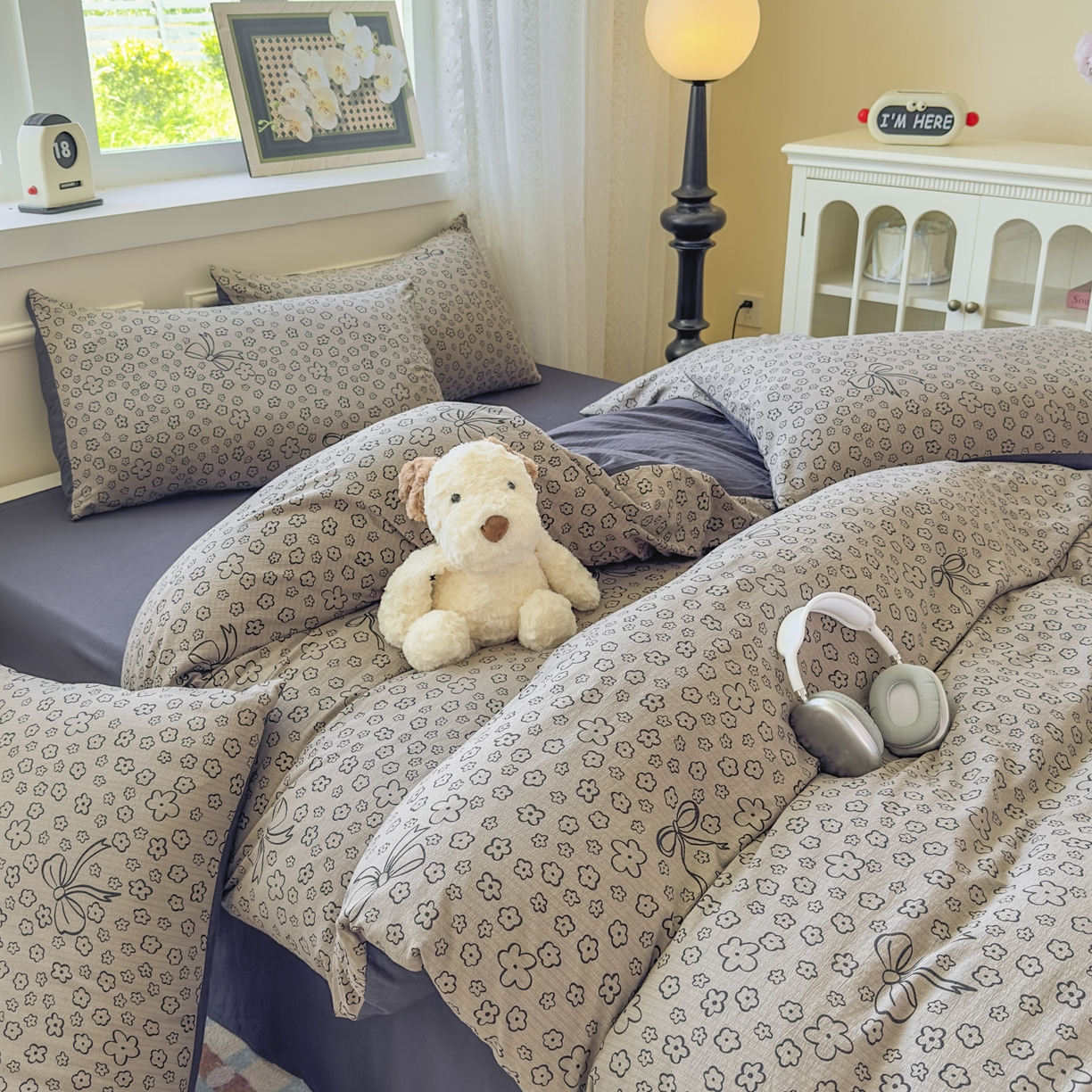 91家纺网 家纺一手货源 找家纺 亨通家纺 2025新款复古原麻双层纱臻至系列四件套 蝴蝶结花-蓝