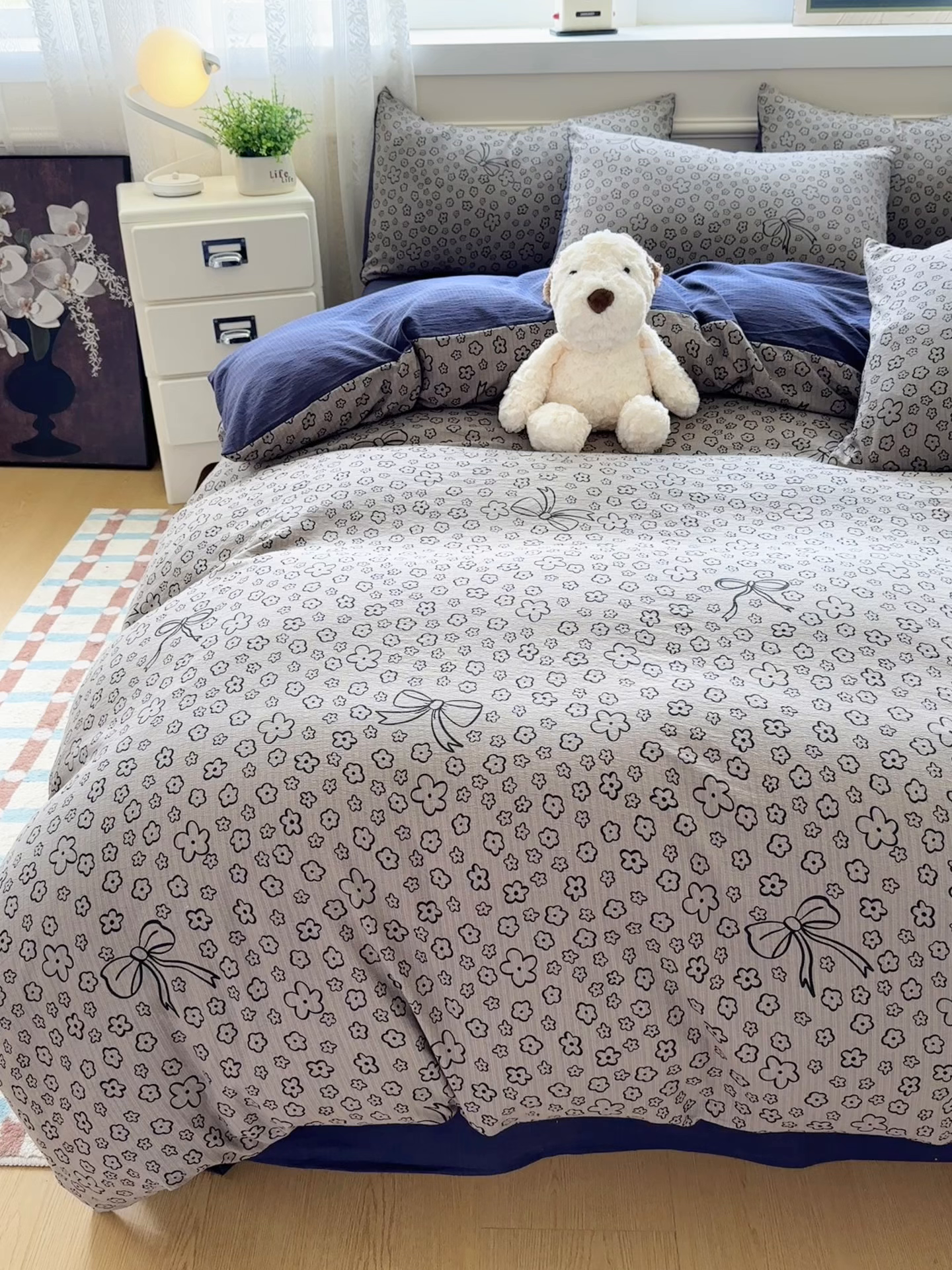 91家纺网 家纺一手货源 找家纺 亨通家纺 2025新款复古原麻双层纱臻至系列四件套 蝴蝶结花-蓝