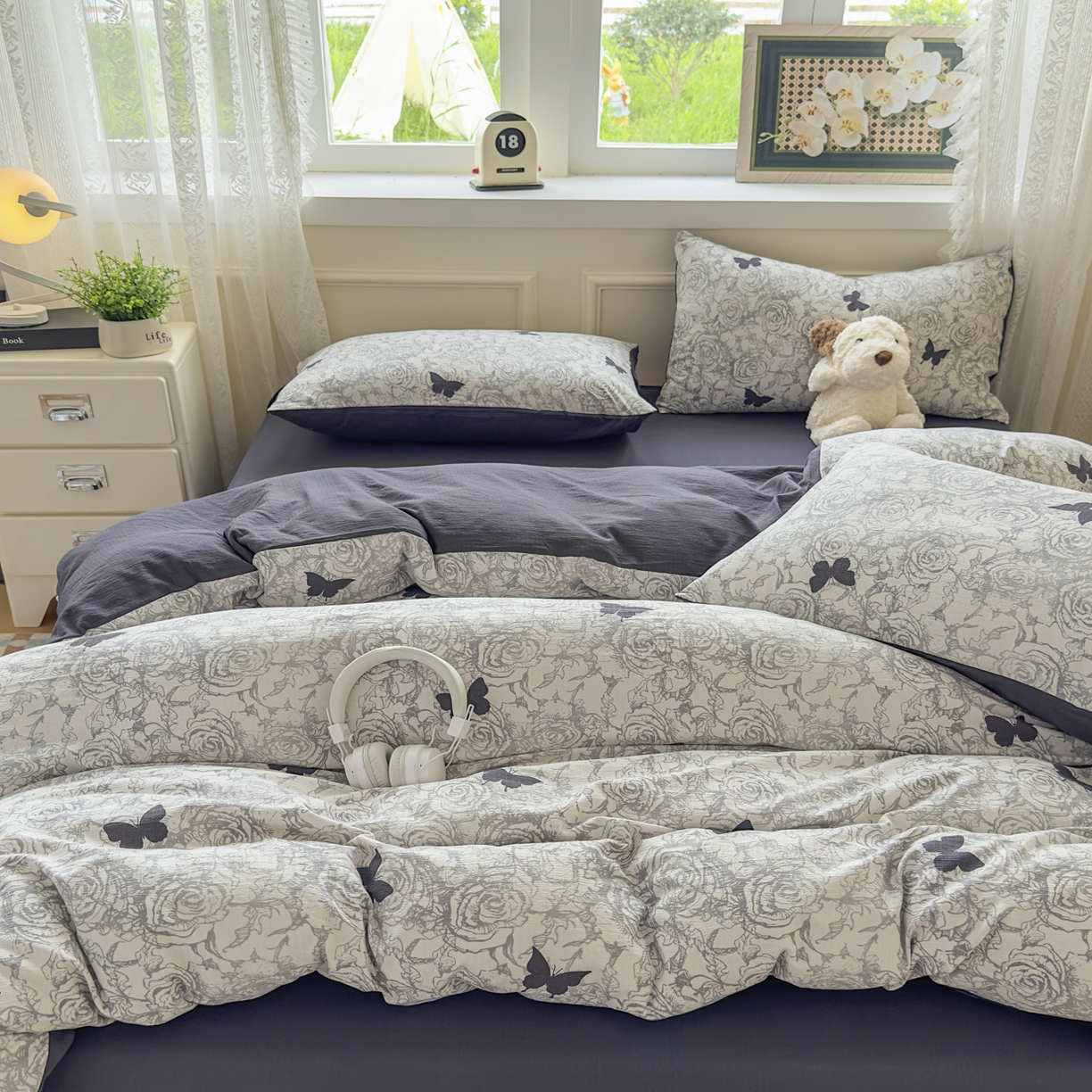 91家纺网 家纺一手货源 找家纺 亨通家纺 2025新款复古原麻双层纱臻至系列四件套 蝴蝶玫瑰