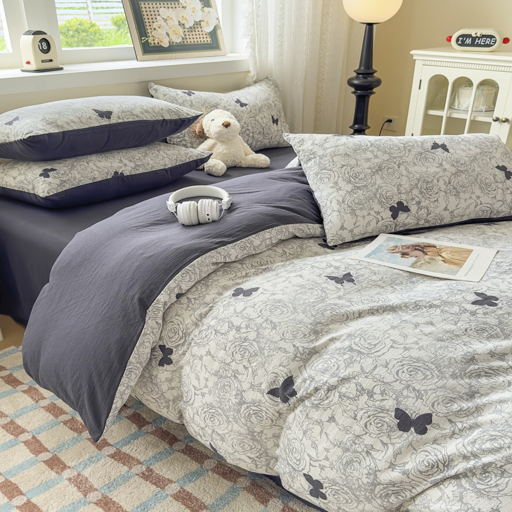 91家纺网 家纺一手货源 找家纺 亨通家纺 2025新款复古原麻双层纱臻至系列四件套 蝴蝶玫瑰