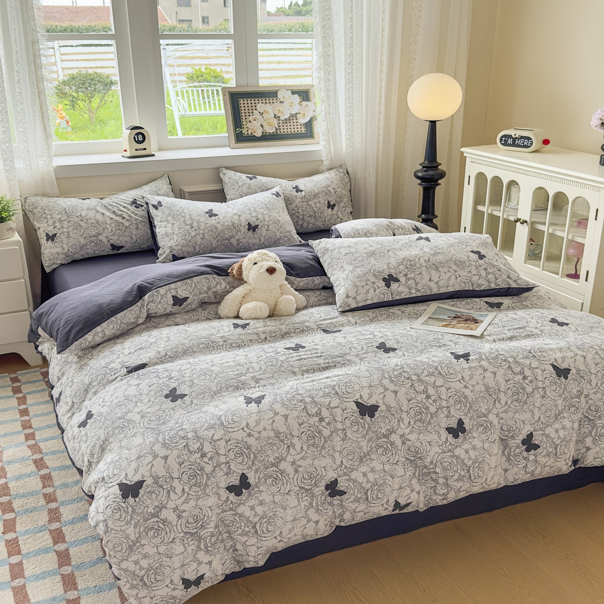 91家纺网 家纺一手货源 找家纺 亨通家纺 2025新款复古原麻双层纱臻至系列四件套 蝴蝶玫瑰