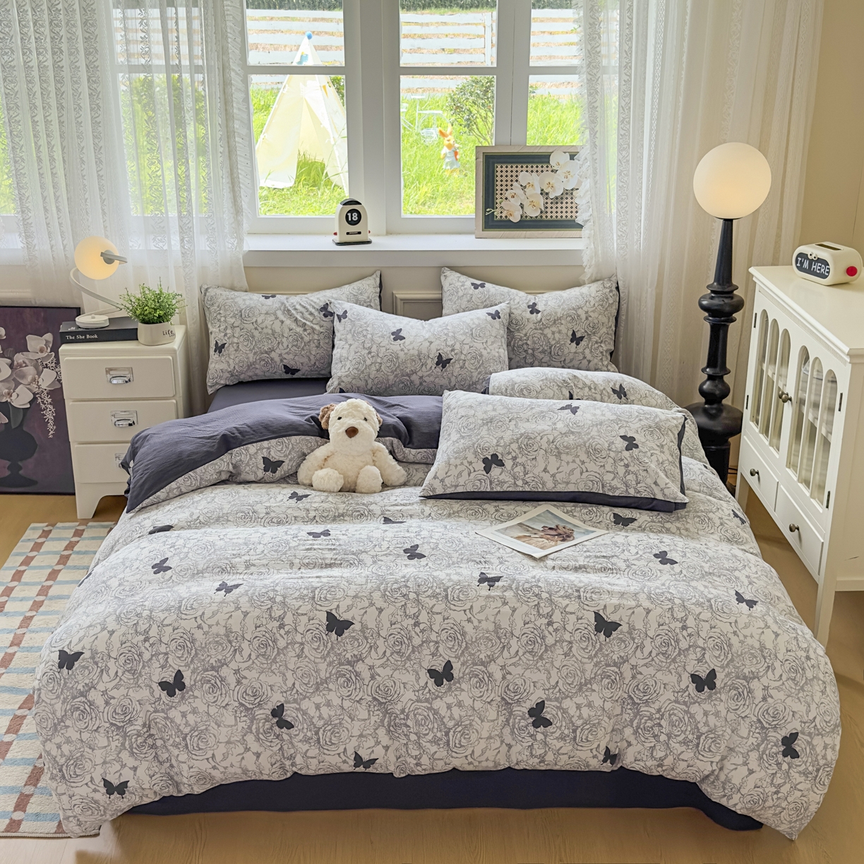 91家纺网 家纺一手货源 找家纺 亨通家纺 2025新款复古原麻双层纱臻至系列四件套 蝴蝶玫瑰