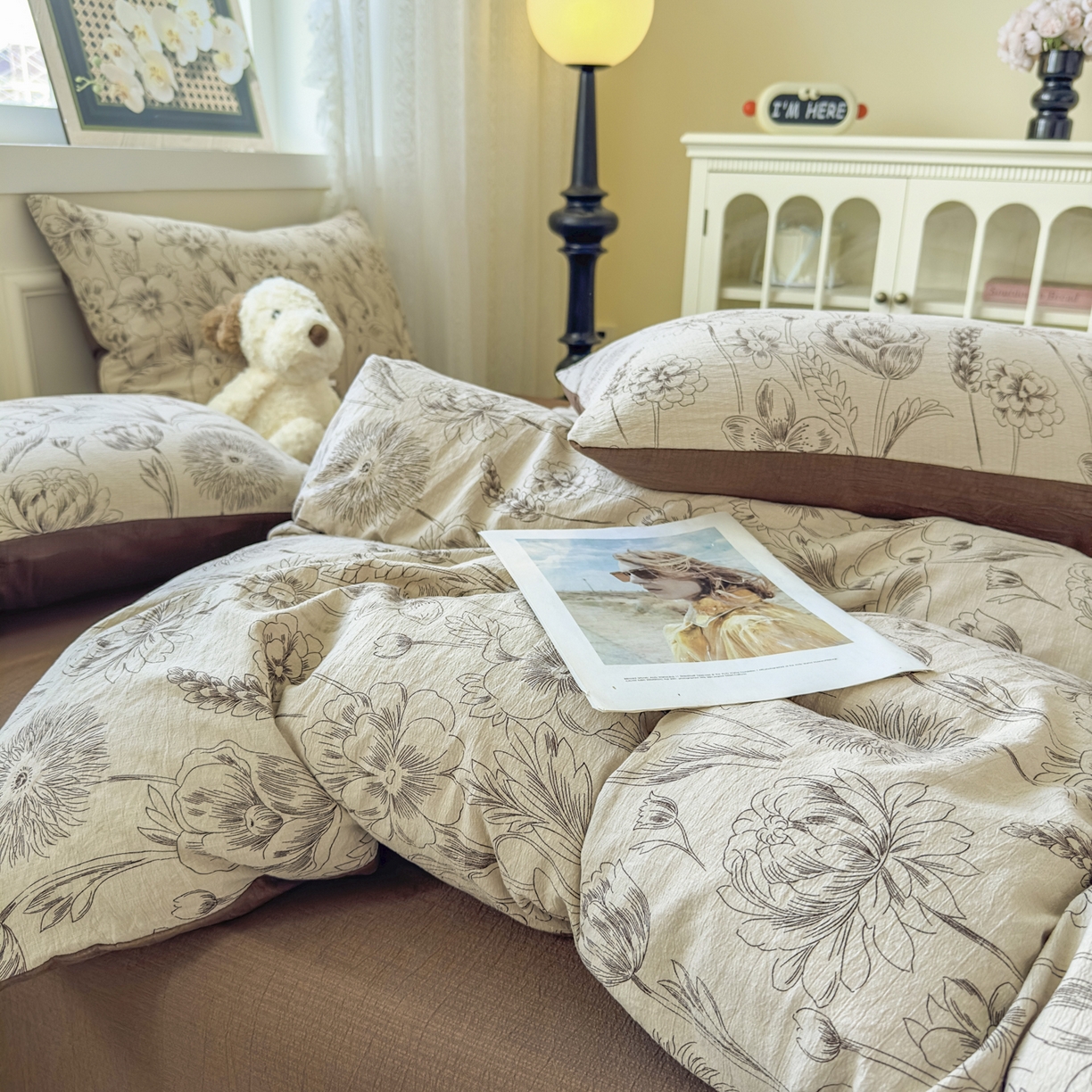 91家纺网 家纺一手货源 找家纺 亨通家纺 2025新款复古原麻双层纱臻至系列四件套 花蔓织梦