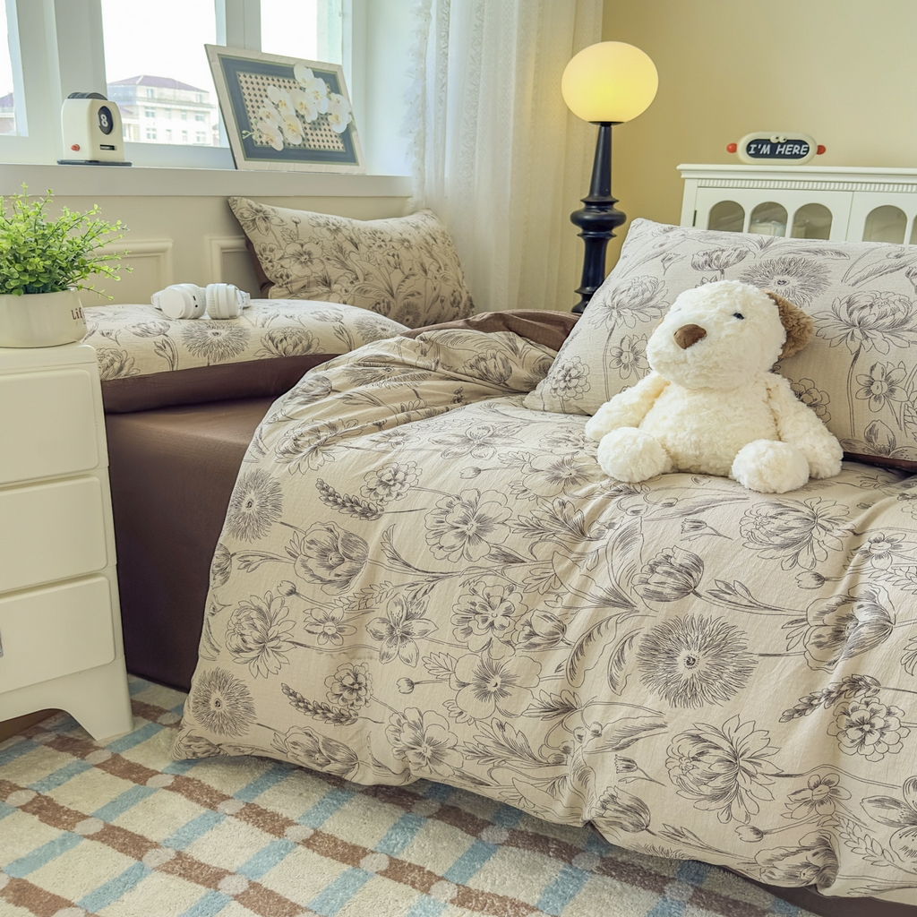 91家纺网 家纺一手货源 找家纺 亨通家纺 2025新款复古原麻双层纱臻至系列四件套 花蔓织梦