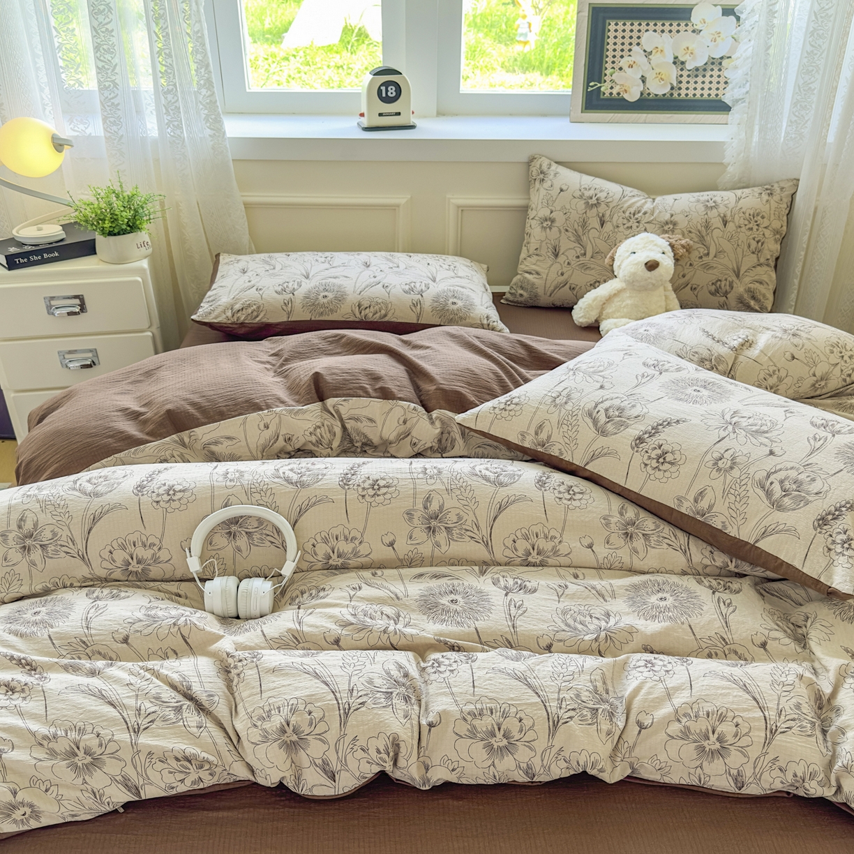 91家纺网 家纺一手货源 找家纺 亨通家纺 2025新款复古原麻双层纱臻至系列四件套 花蔓织梦