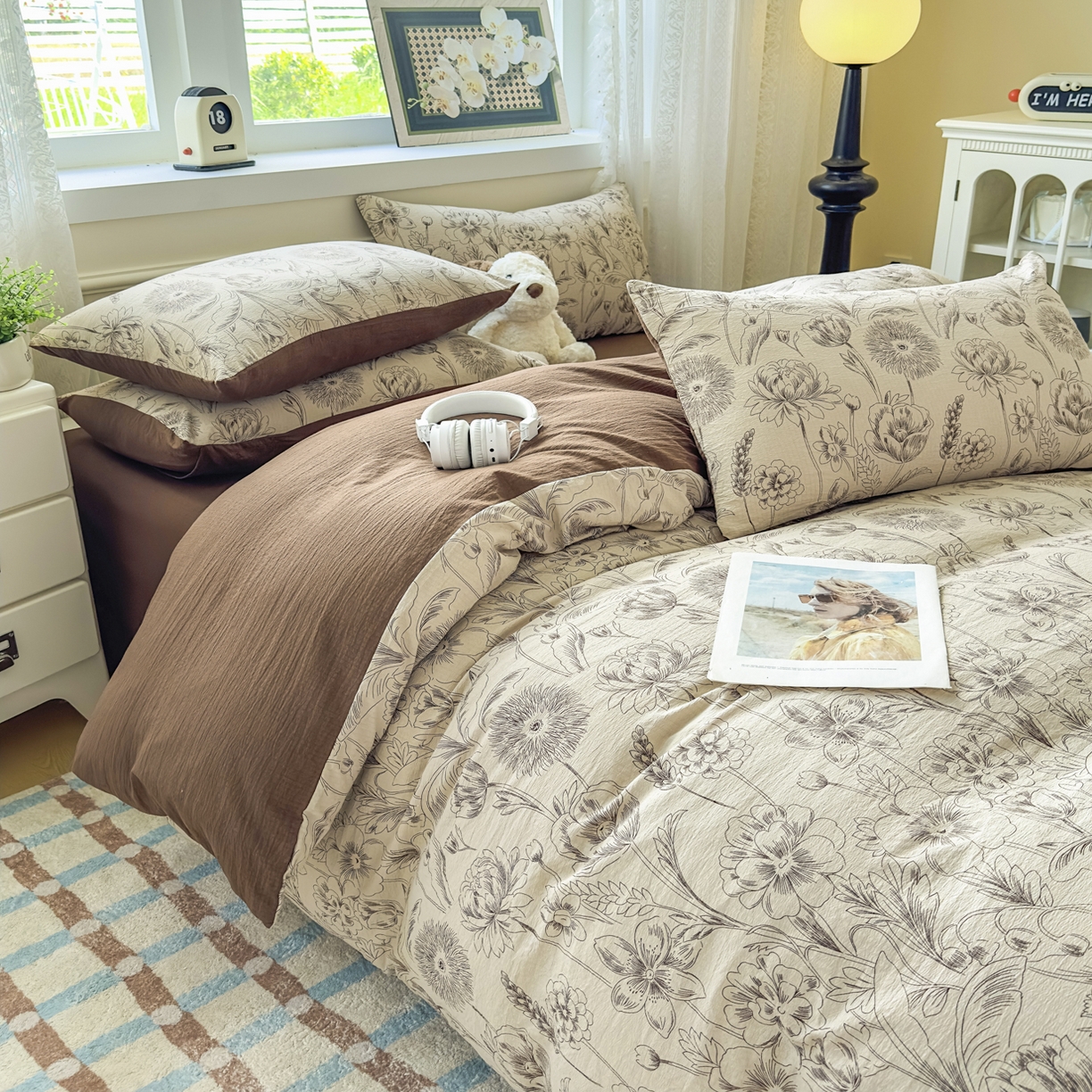 91家纺网 家纺一手货源 找家纺 亨通家纺 2025新款复古原麻双层纱臻至系列四件套 花蔓织梦