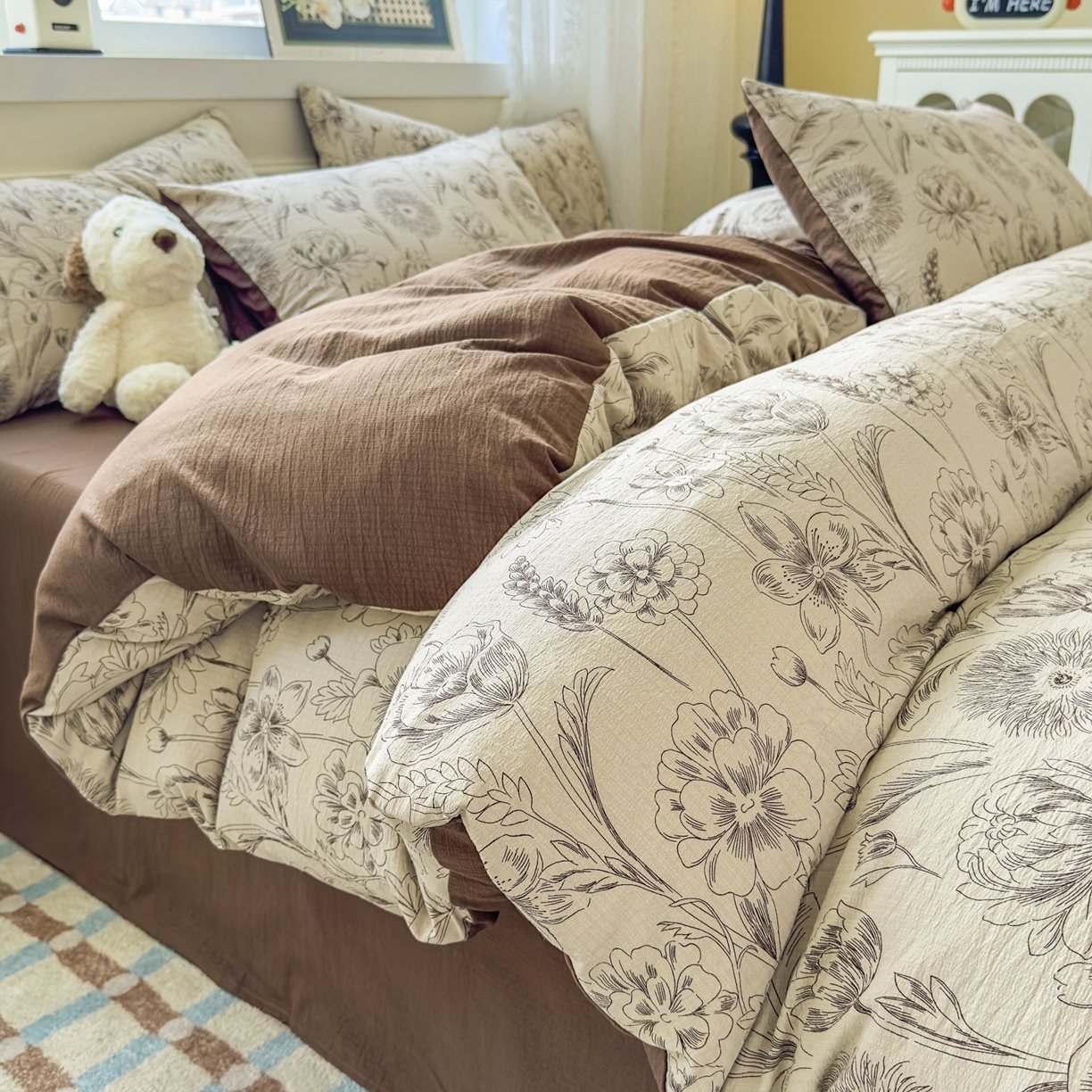 91家纺网 家纺一手货源 找家纺 亨通家纺 2025新款复古原麻双层纱臻至系列四件套 花蔓织梦