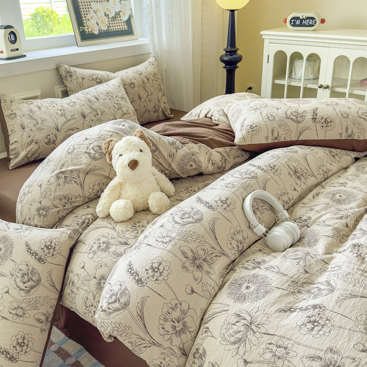 91家纺网 家纺一手货源 找家纺 亨通家纺 2025新款复古原麻双层纱臻至系列四件套 花蔓织梦