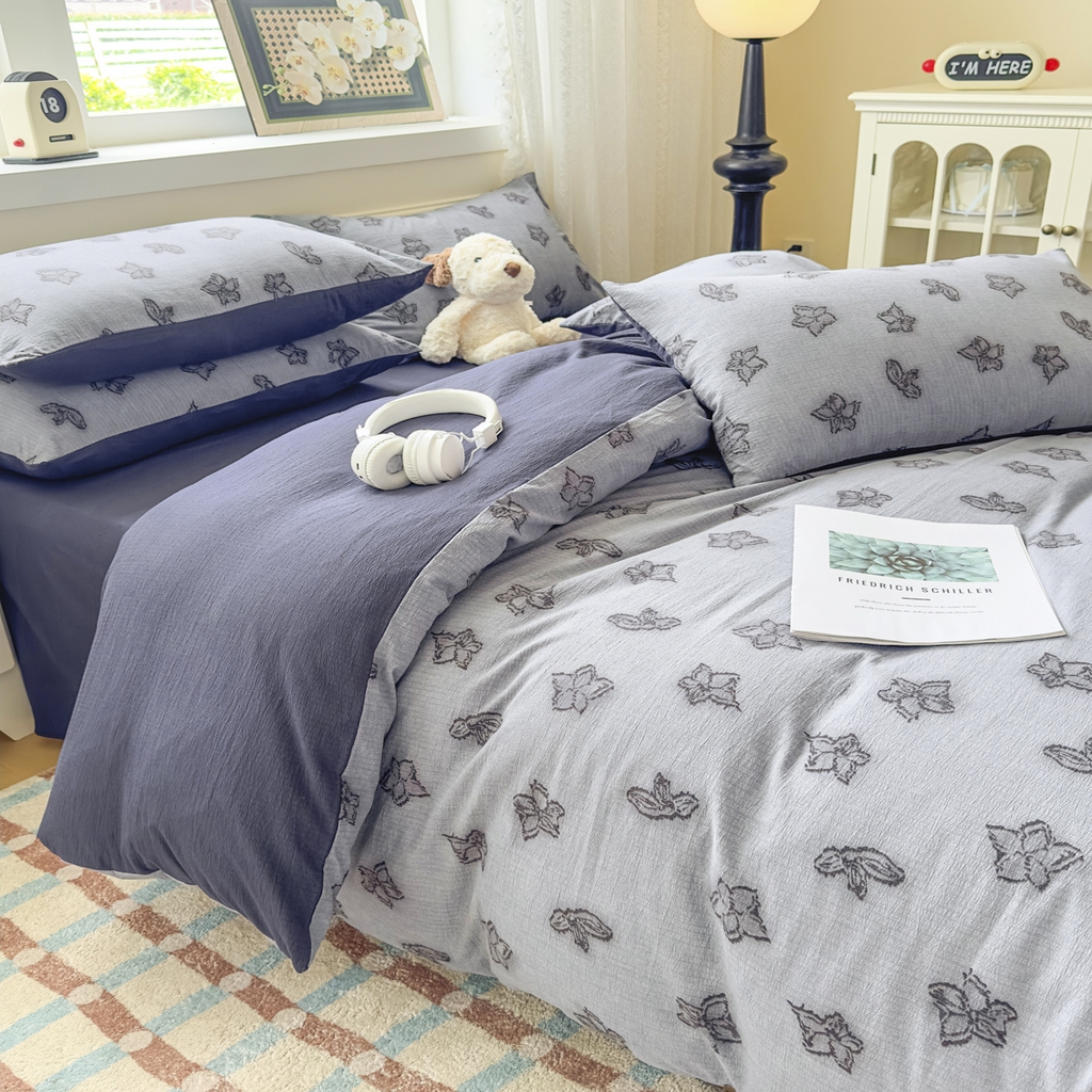 91家纺网 家纺一手货源 找家纺 亨通家纺 2025新款复古原麻双层纱臻至系列四件套 梦幻花兰