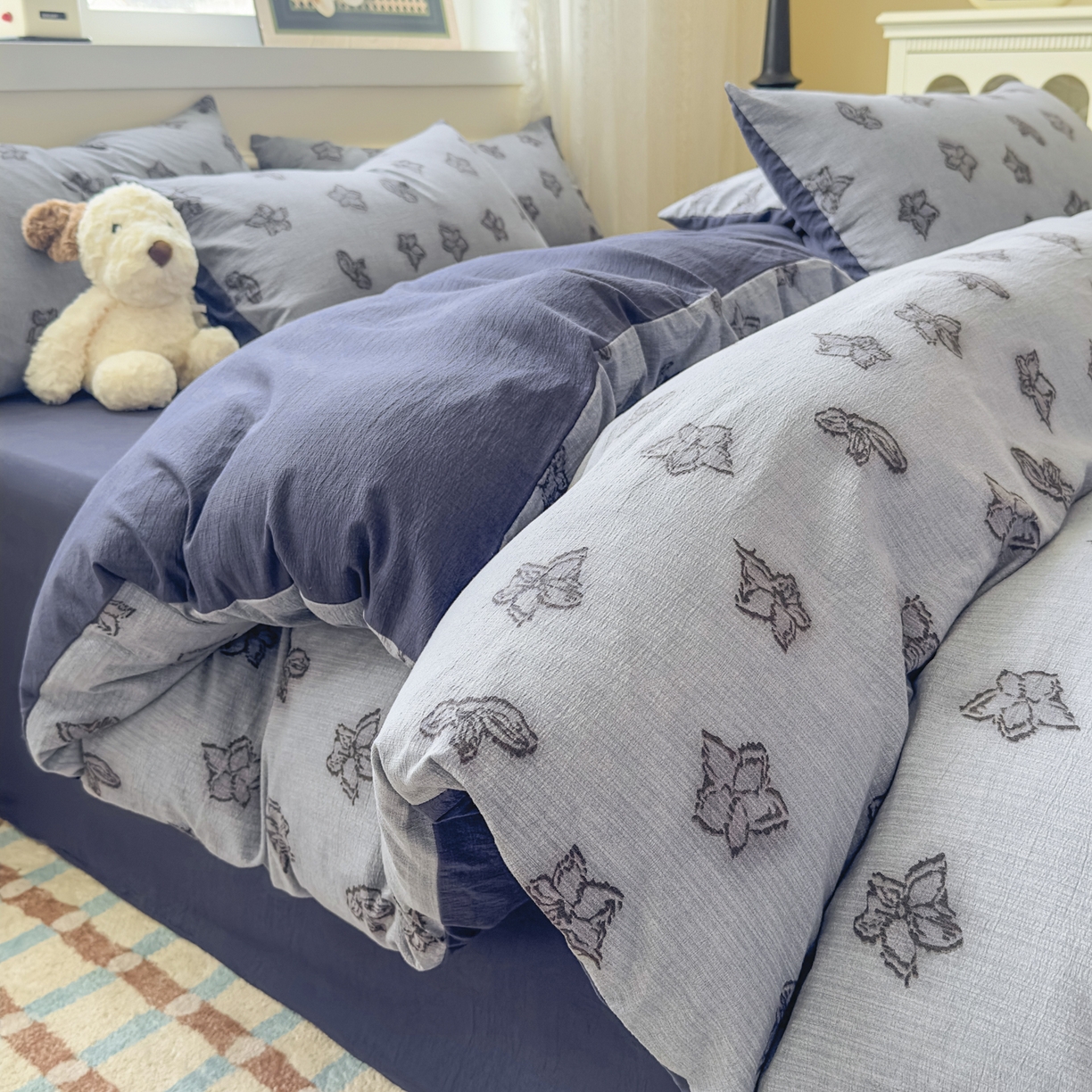 91家纺网 家纺一手货源 找家纺 亨通家纺 2025新款复古原麻双层纱臻至系列四件套 梦幻花兰