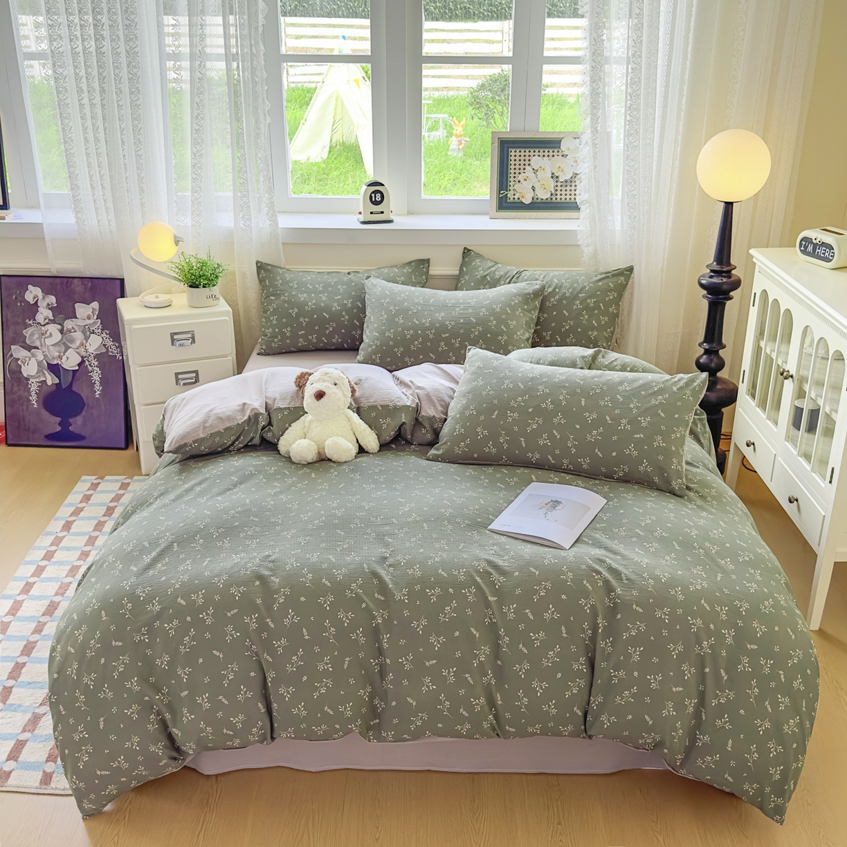 91家纺网 家纺一手货源 找家纺 亨通家纺 2025新款复古原麻双层纱臻至系列四件套 墨绿絮语