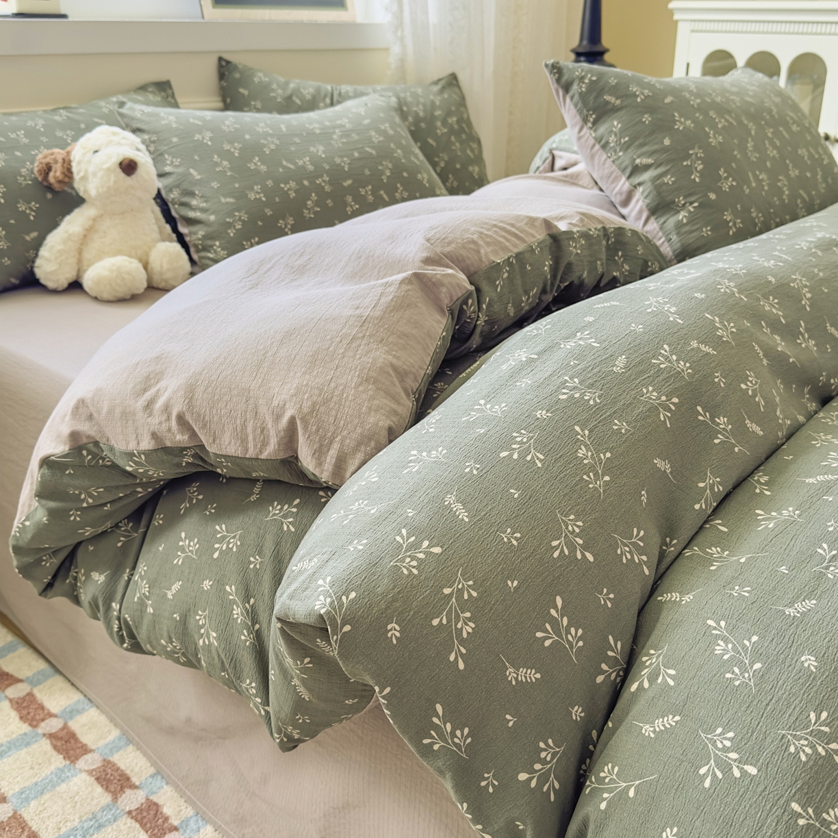 91家纺网 家纺一手货源 找家纺 亨通家纺 2025新款复古原麻双层纱臻至系列四件套 墨绿絮语