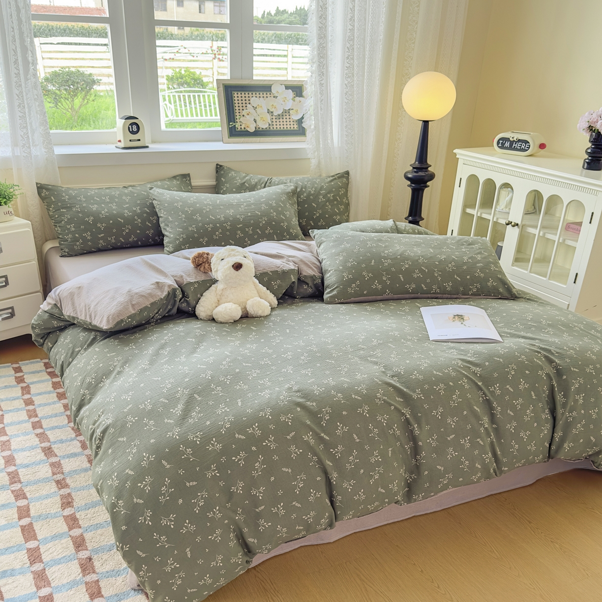 91家纺网 家纺一手货源 找家纺 亨通家纺 2025新款复古原麻双层纱臻至系列四件套 墨绿絮语