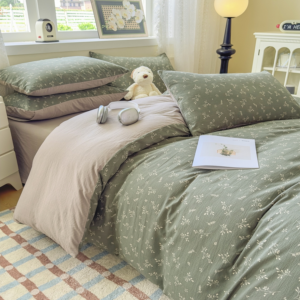 91家纺网 家纺一手货源 找家纺 亨通家纺 2025新款复古原麻双层纱臻至系列四件套 墨绿絮语