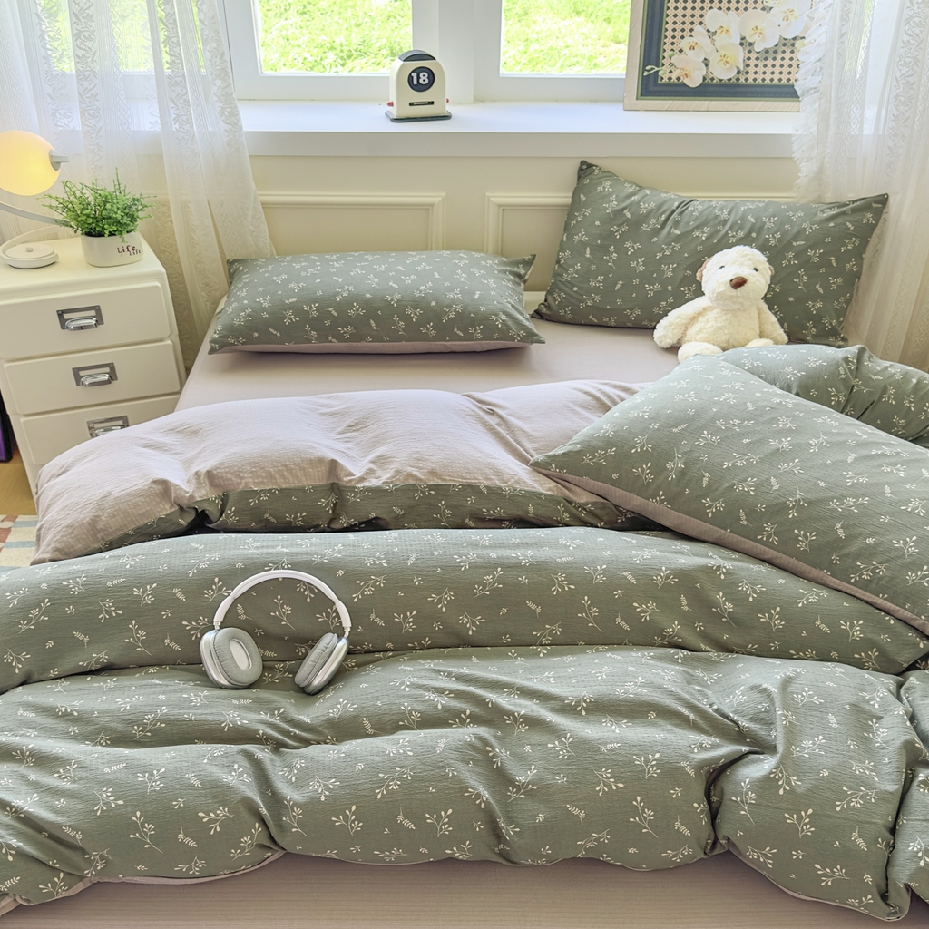 91家纺网 家纺一手货源 找家纺 亨通家纺 2025新款复古原麻双层纱臻至系列四件套 墨绿絮语