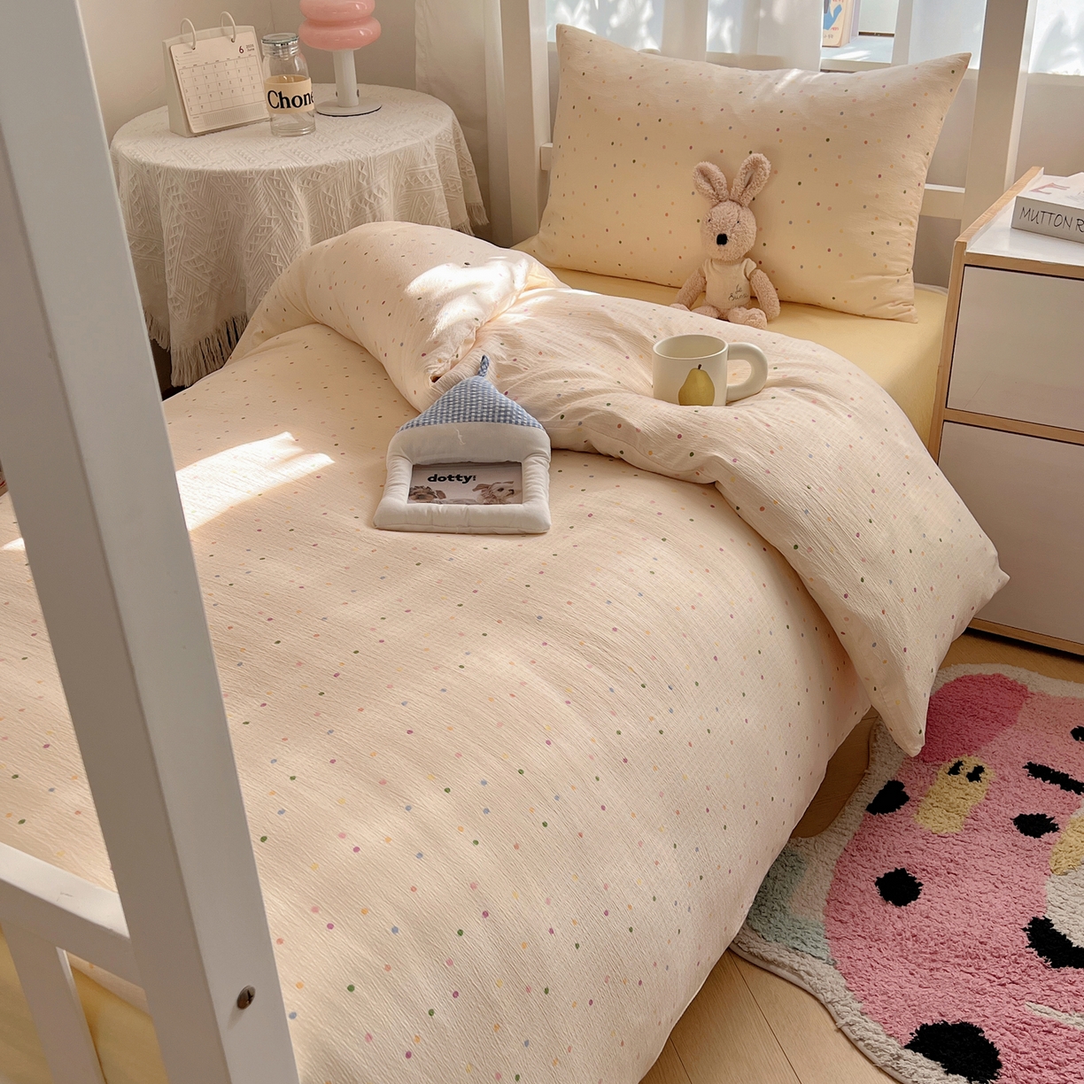 韩巢家纺 2025新款双层纱学生季床铺单件被套宿舍寝室上下铺三件套 波点世界